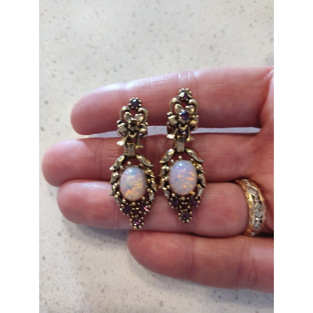 Sarah Coventry style faux Opal Clip on Earrings 1 1/2" long goldtone Rhinestones